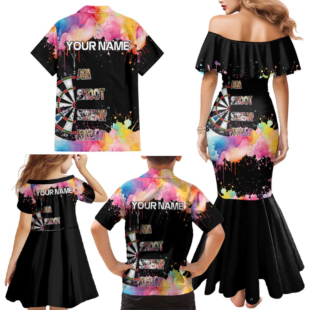 Dartboard and Colorful Paint Splash Darts Family Matching Mermaid Dress and Hawaiian Shirt with Aim Shoot Swear Repeat Quote Custom Name TS04