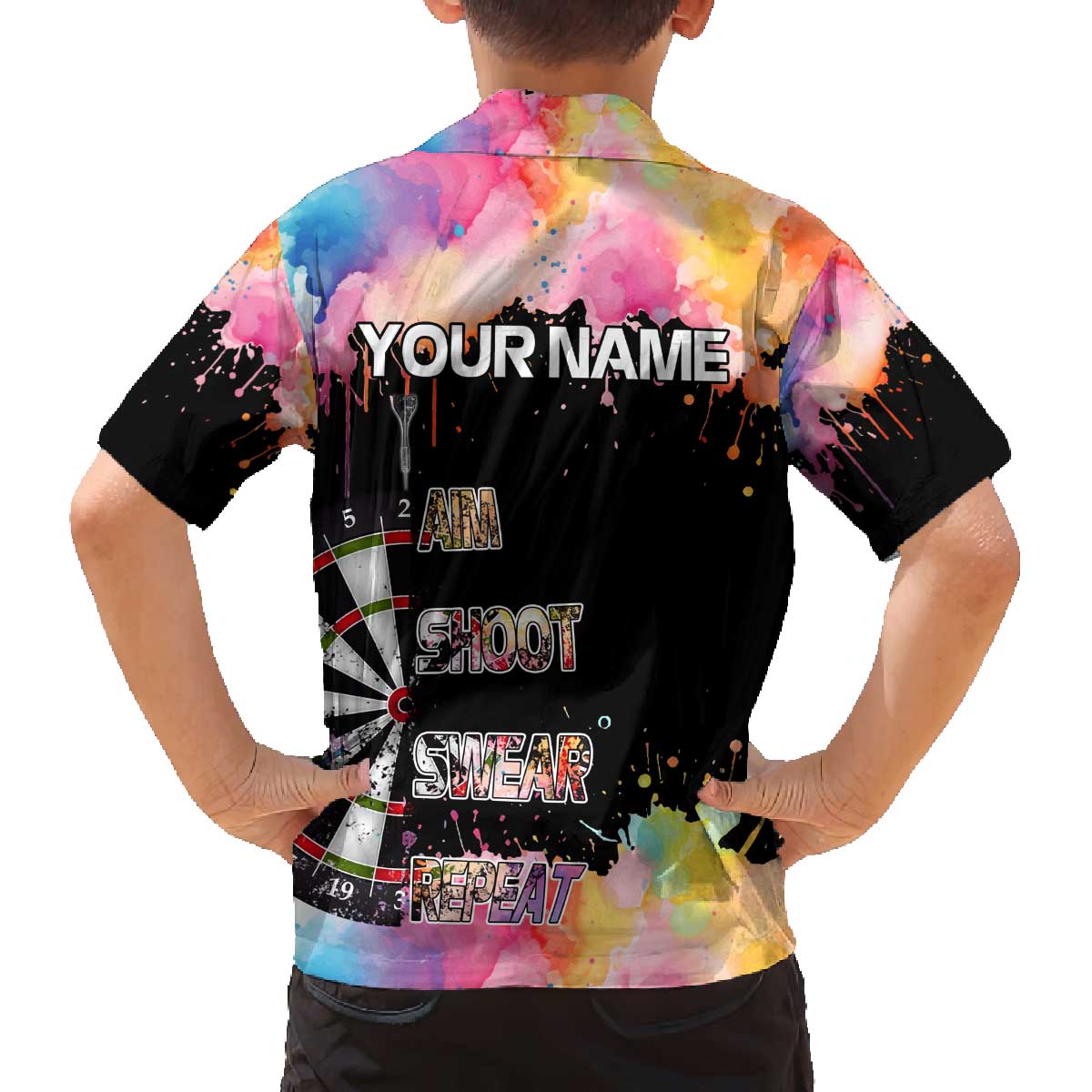 Dartboard and Colorful Paint Splash Darts Family Matching Off The Shoulder Long Sleeve Dress and Hawaiian Shirt with Aim Shoot Swear Repeat Quote Custom Name TS04