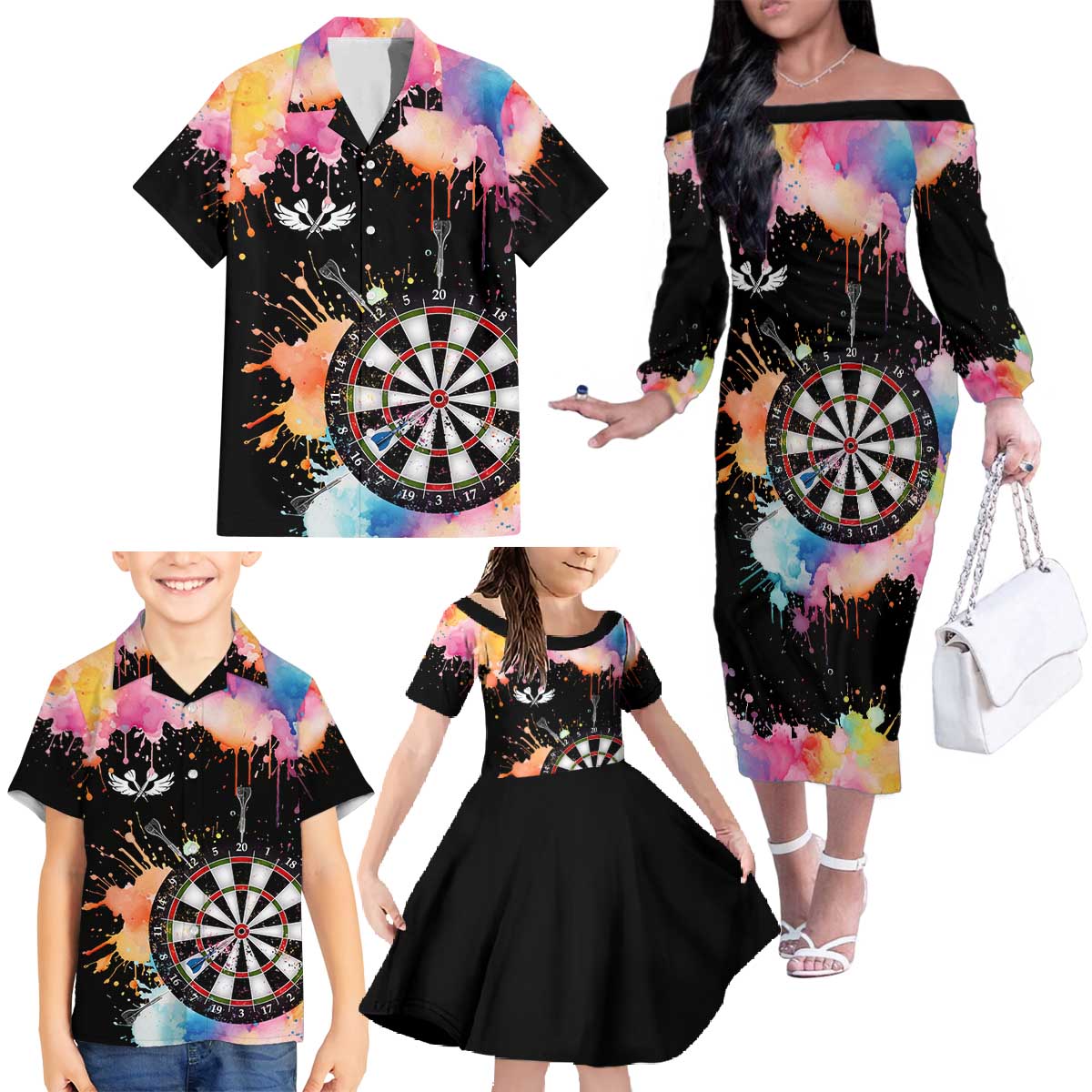 Dartboard and Colorful Paint Splash Darts Family Matching Off The Shoulder Long Sleeve Dress and Hawaiian Shirt with Aim Shoot Swear Repeat Quote Custom Name TS04