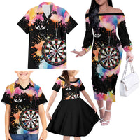 Dartboard and Colorful Paint Splash Darts Family Matching Off The Shoulder Long Sleeve Dress and Hawaiian Shirt with Aim Shoot Swear Repeat Quote Custom Name TS04