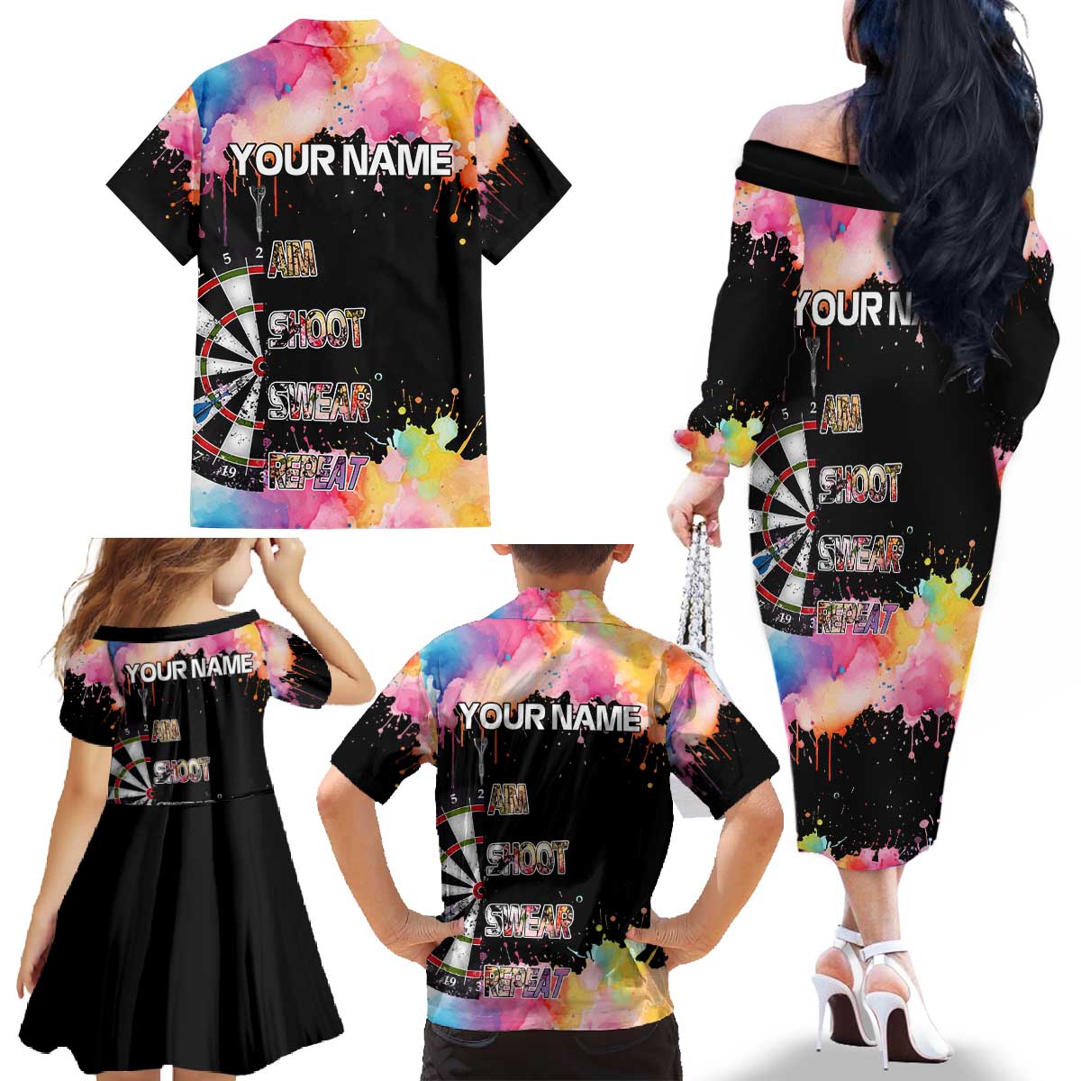 Dartboard and Colorful Paint Splash Darts Family Matching Off The Shoulder Long Sleeve Dress and Hawaiian Shirt with Aim Shoot Swear Repeat Quote Custom Name TS04