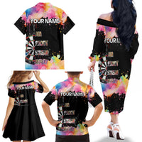 Dartboard and Colorful Paint Splash Darts Family Matching Off The Shoulder Long Sleeve Dress and Hawaiian Shirt with Aim Shoot Swear Repeat Quote Custom Name TS04