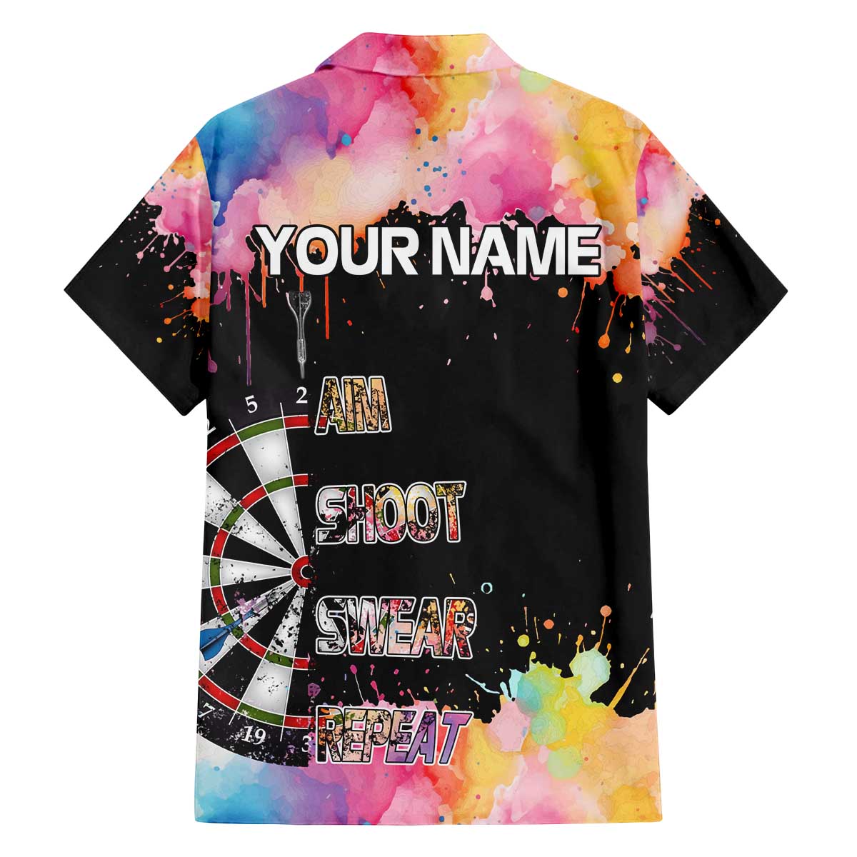 Dartboard and Colorful Paint Splash Darts Family Matching Off The Shoulder Long Sleeve Dress and Hawaiian Shirt with Aim Shoot Swear Repeat Quote Custom Name TS04