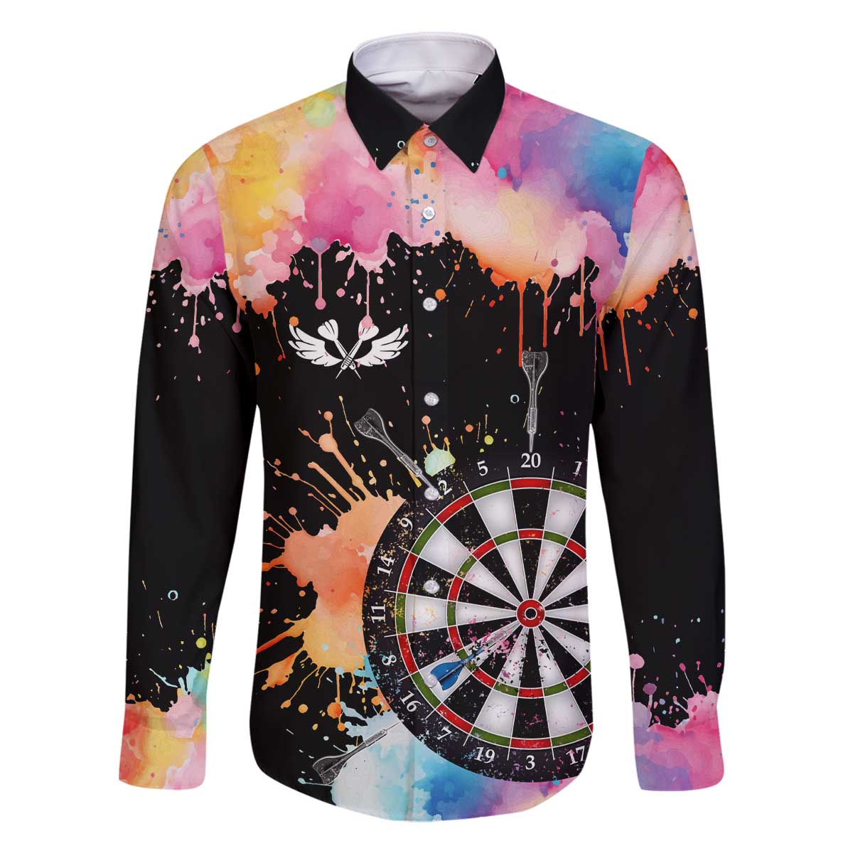 Dartboard and Colorful Paint Splash Darts Family Matching Off The Shoulder Long Sleeve Dress and Hawaiian Shirt with Aim Shoot Swear Repeat Quote Custom Name TS04