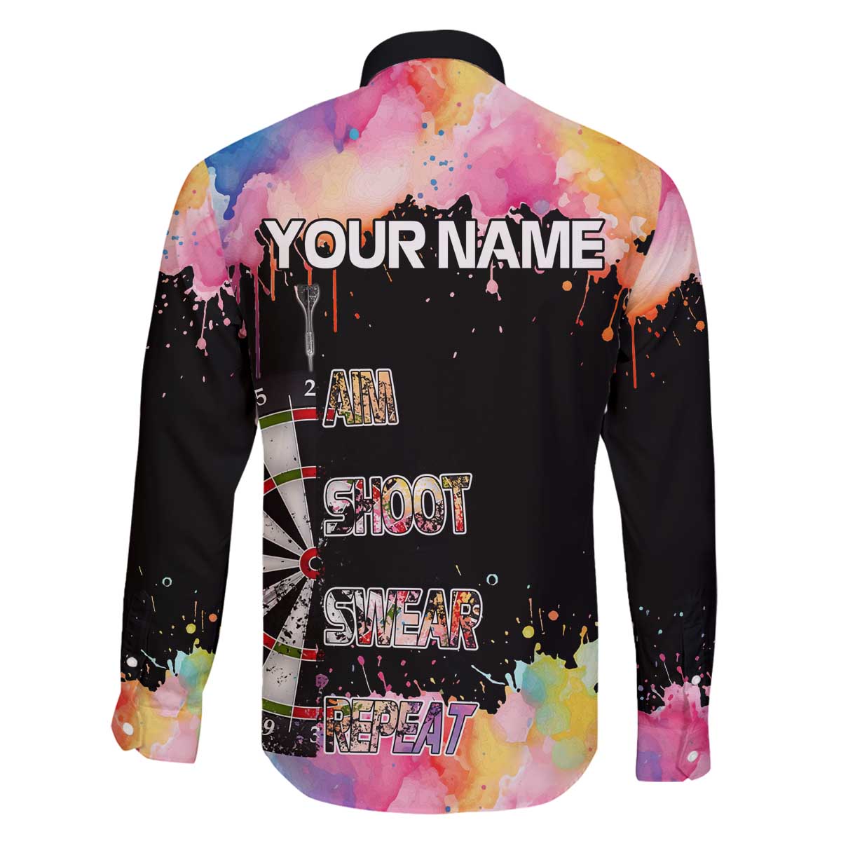 Dartboard and Colorful Paint Splash Darts Family Matching Off The Shoulder Long Sleeve Dress and Hawaiian Shirt with Aim Shoot Swear Repeat Quote Custom Name TS04