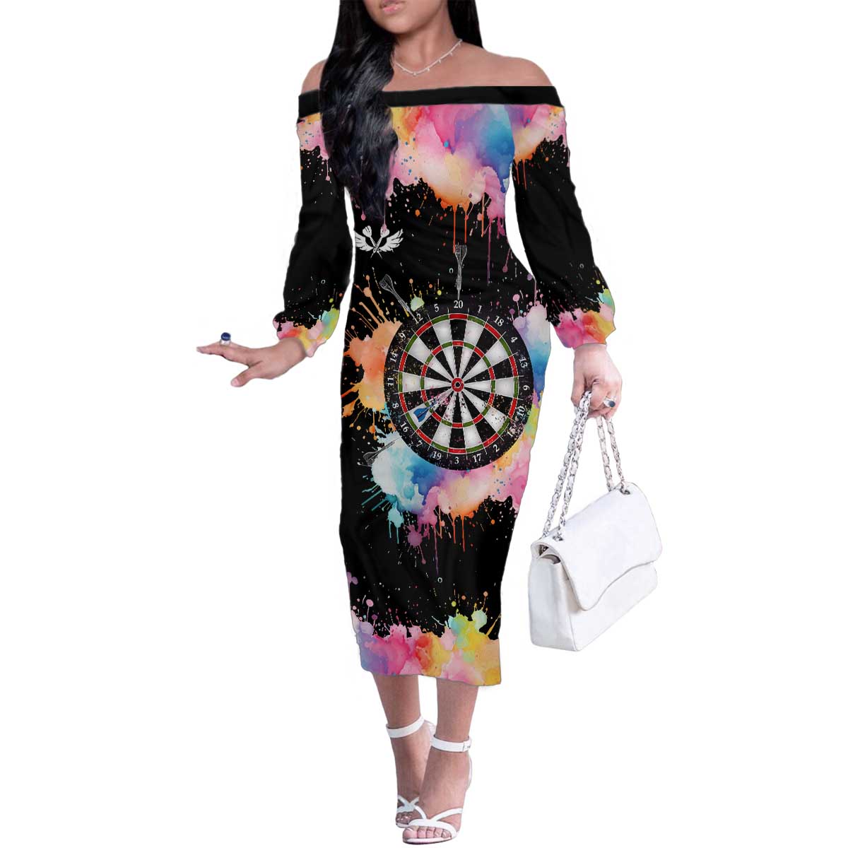 Dartboard and Colorful Paint Splash Darts Family Matching Off The Shoulder Long Sleeve Dress and Hawaiian Shirt with Aim Shoot Swear Repeat Quote Custom Name TS04