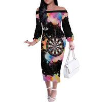 Dartboard and Colorful Paint Splash Darts Family Matching Off The Shoulder Long Sleeve Dress and Hawaiian Shirt with Aim Shoot Swear Repeat Quote Custom Name TS04