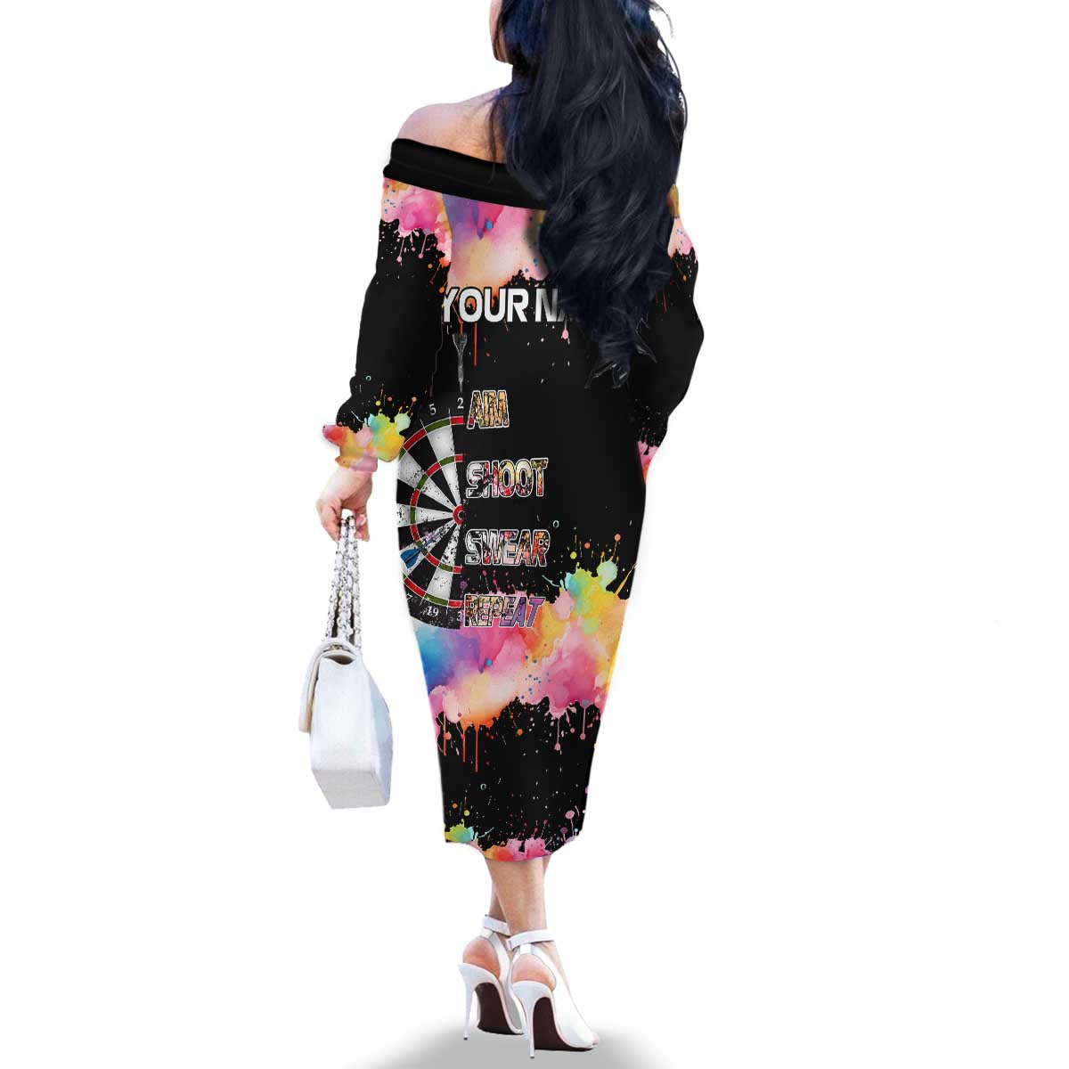 Dartboard and Colorful Paint Splash Darts Family Matching Off The Shoulder Long Sleeve Dress and Hawaiian Shirt with Aim Shoot Swear Repeat Quote Custom Name TS04