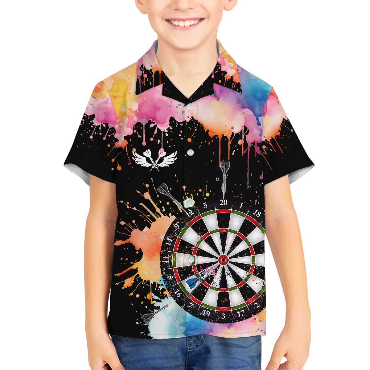 Dartboard and Colorful Paint Splash Darts Family Matching Off The Shoulder Long Sleeve Dress and Hawaiian Shirt with Aim Shoot Swear Repeat Quote Custom Name TS04