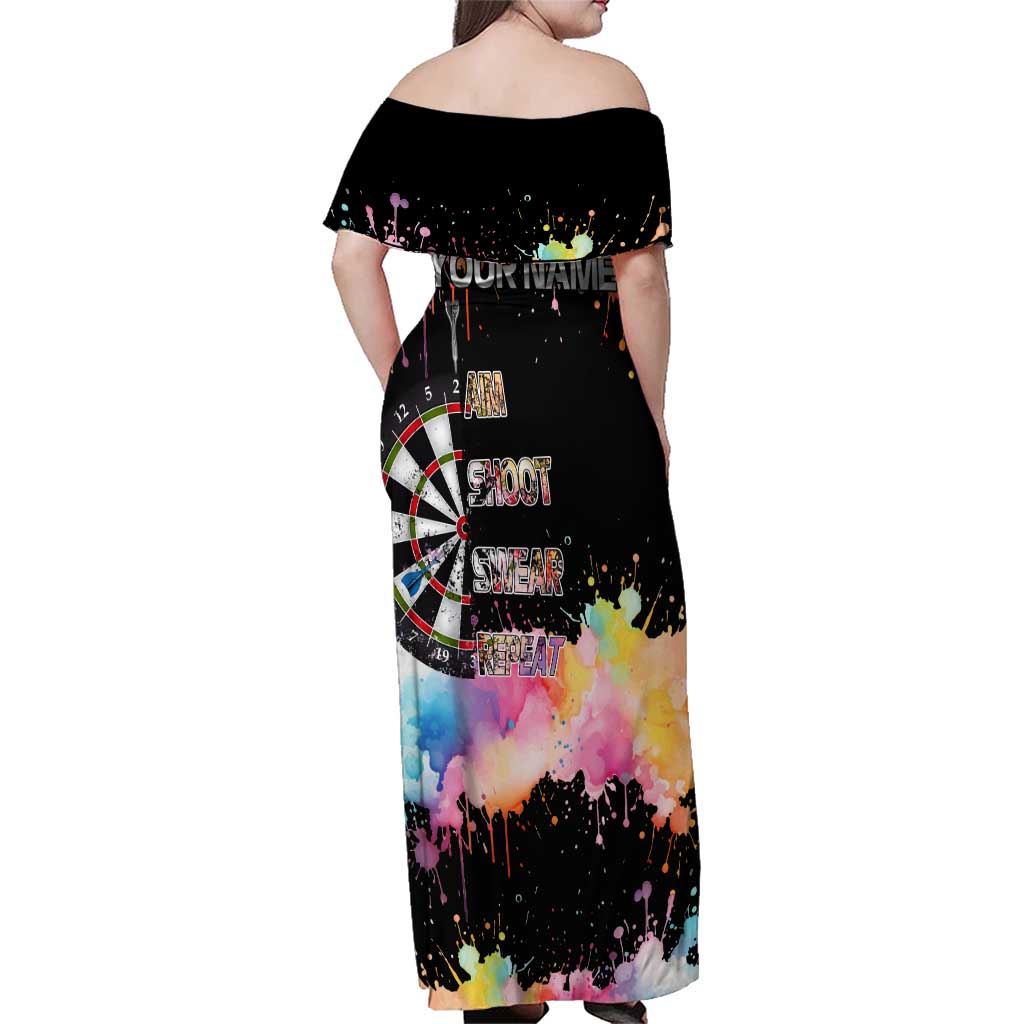 Dartboard and Colorful Paint Splash Darts Family Matching Off Shoulder Maxi Dress and Hawaiian Shirt with Aim Shoot Swear Repeat Quote Custom Name TS04