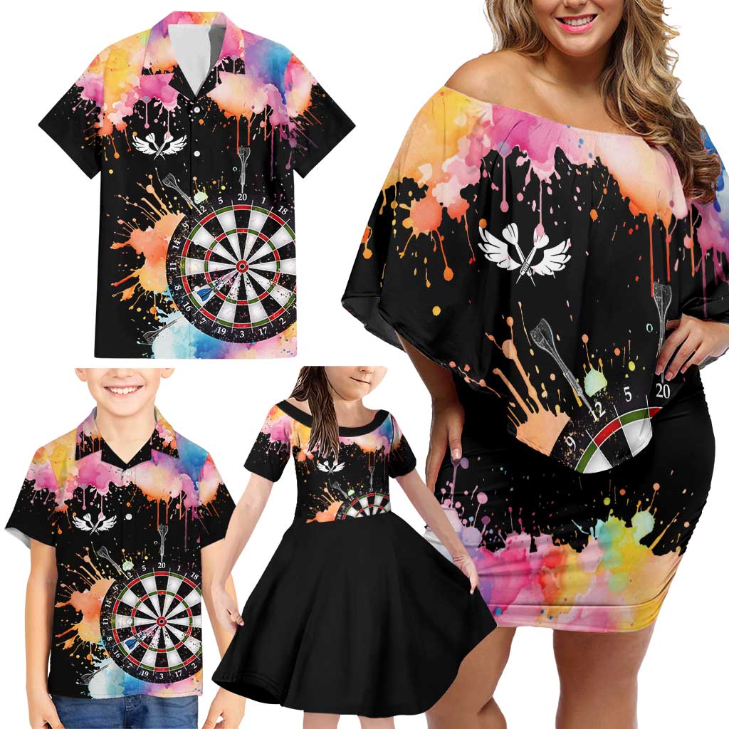Dartboard and Colorful Paint Splash Darts Family Matching Off Shoulder Short Dress and Hawaiian Shirt with Aim Shoot Swear Repeat Quote Custom Name TS04