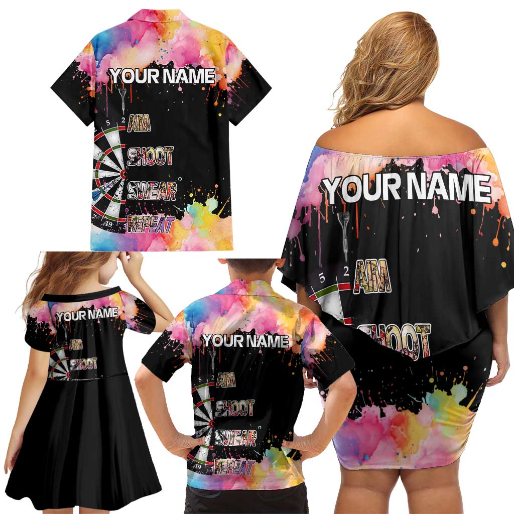 Dartboard and Colorful Paint Splash Darts Family Matching Off Shoulder Short Dress and Hawaiian Shirt with Aim Shoot Swear Repeat Quote Custom Name TS04