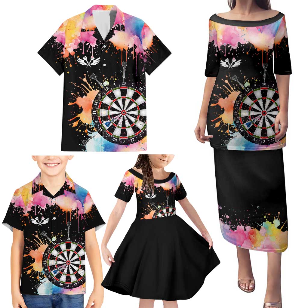 Dartboard and Colorful Paint Splash Darts Family Matching Puletasi and Hawaiian Shirt with Aim Shoot Swear Repeat Quote Custom Name TS04