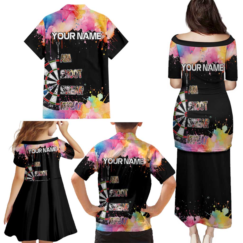 Dartboard and Colorful Paint Splash Darts Family Matching Puletasi and Hawaiian Shirt with Aim Shoot Swear Repeat Quote Custom Name TS04