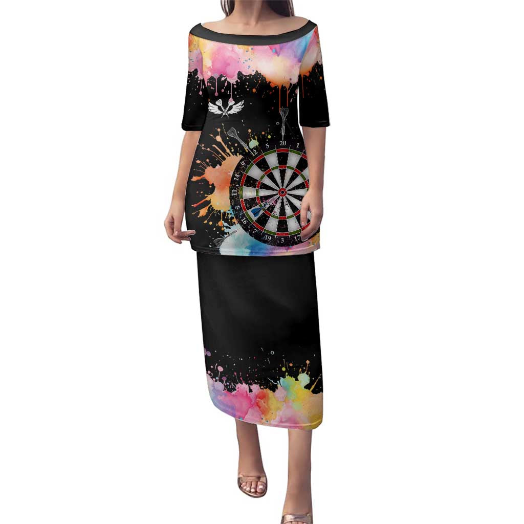 Dartboard and Colorful Paint Splash Darts Family Matching Puletasi and Hawaiian Shirt with Aim Shoot Swear Repeat Quote Custom Name TS04