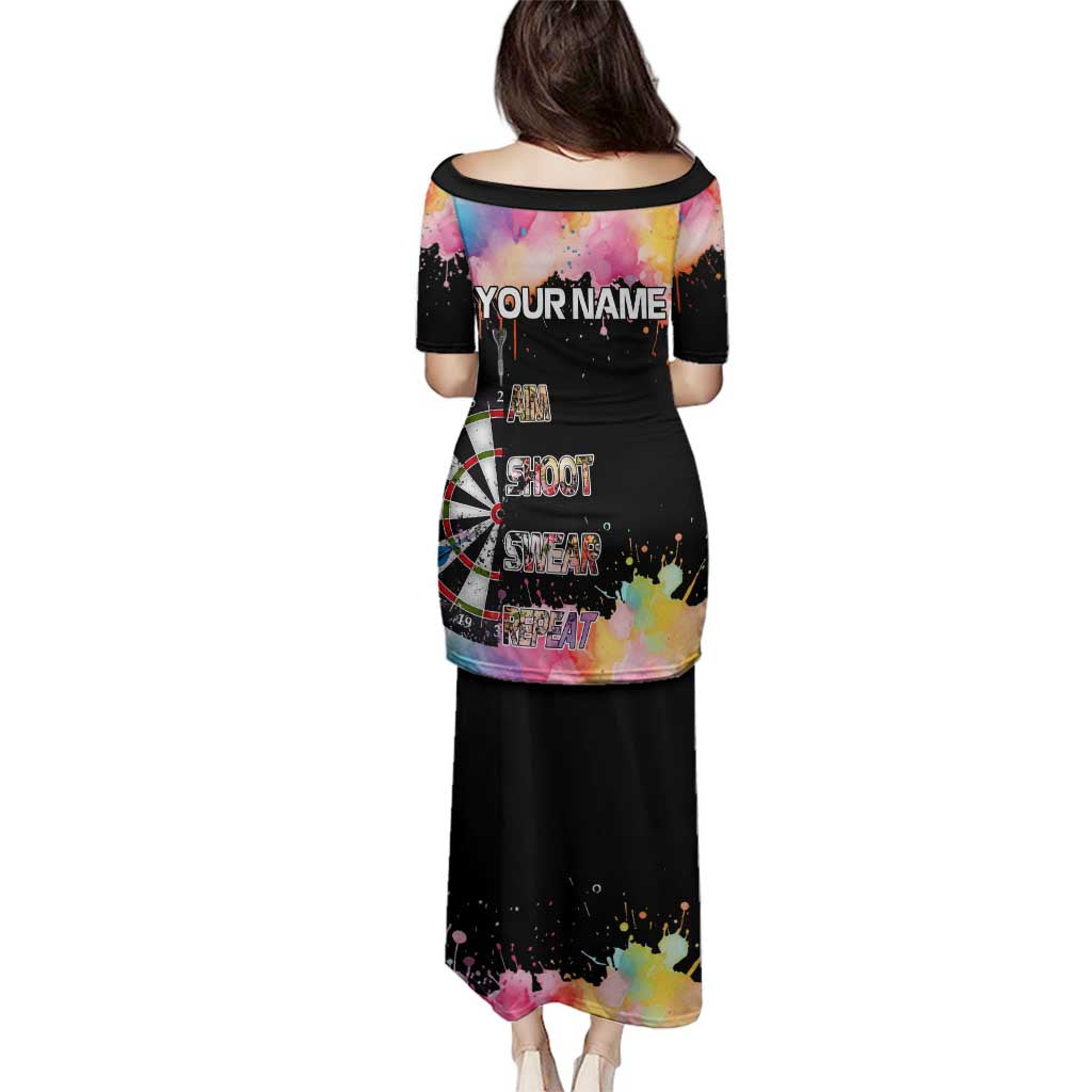 Dartboard and Colorful Paint Splash Darts Family Matching Puletasi and Hawaiian Shirt with Aim Shoot Swear Repeat Quote Custom Name TS04