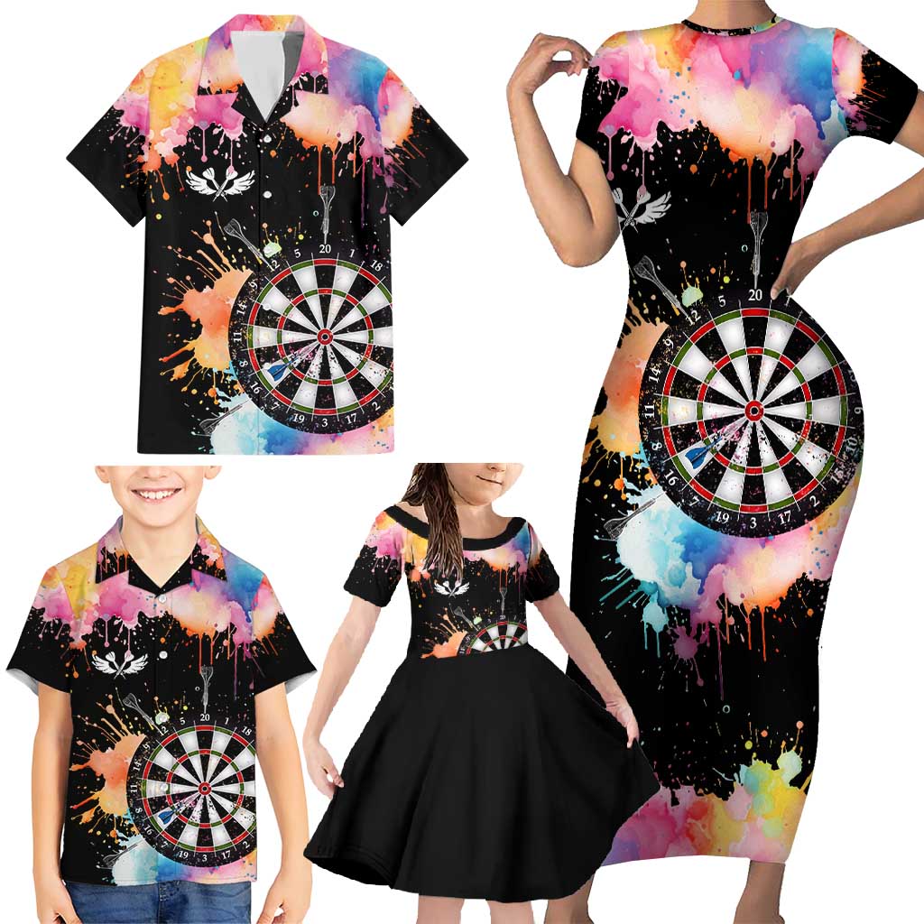 Dartboard and Colorful Paint Splash Darts Family Matching Short Sleeve Bodycon Dress and Hawaiian Shirt with Aim Shoot Swear Repeat Quote Custom Name TS04