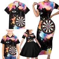 Dartboard and Colorful Paint Splash Darts Family Matching Short Sleeve Bodycon Dress and Hawaiian Shirt with Aim Shoot Swear Repeat Quote Custom Name TS04