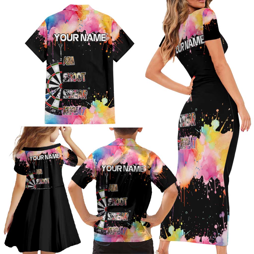 Dartboard and Colorful Paint Splash Darts Family Matching Short Sleeve Bodycon Dress and Hawaiian Shirt with Aim Shoot Swear Repeat Quote Custom Name TS04