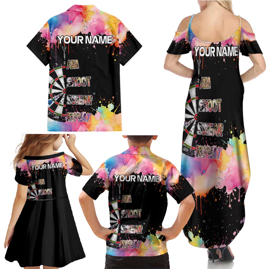 Dartboard and Colorful Paint Splash Darts Family Matching Summer Maxi Dress and Hawaiian Shirt with Aim Shoot Swear Repeat Quote Custom Name TS04