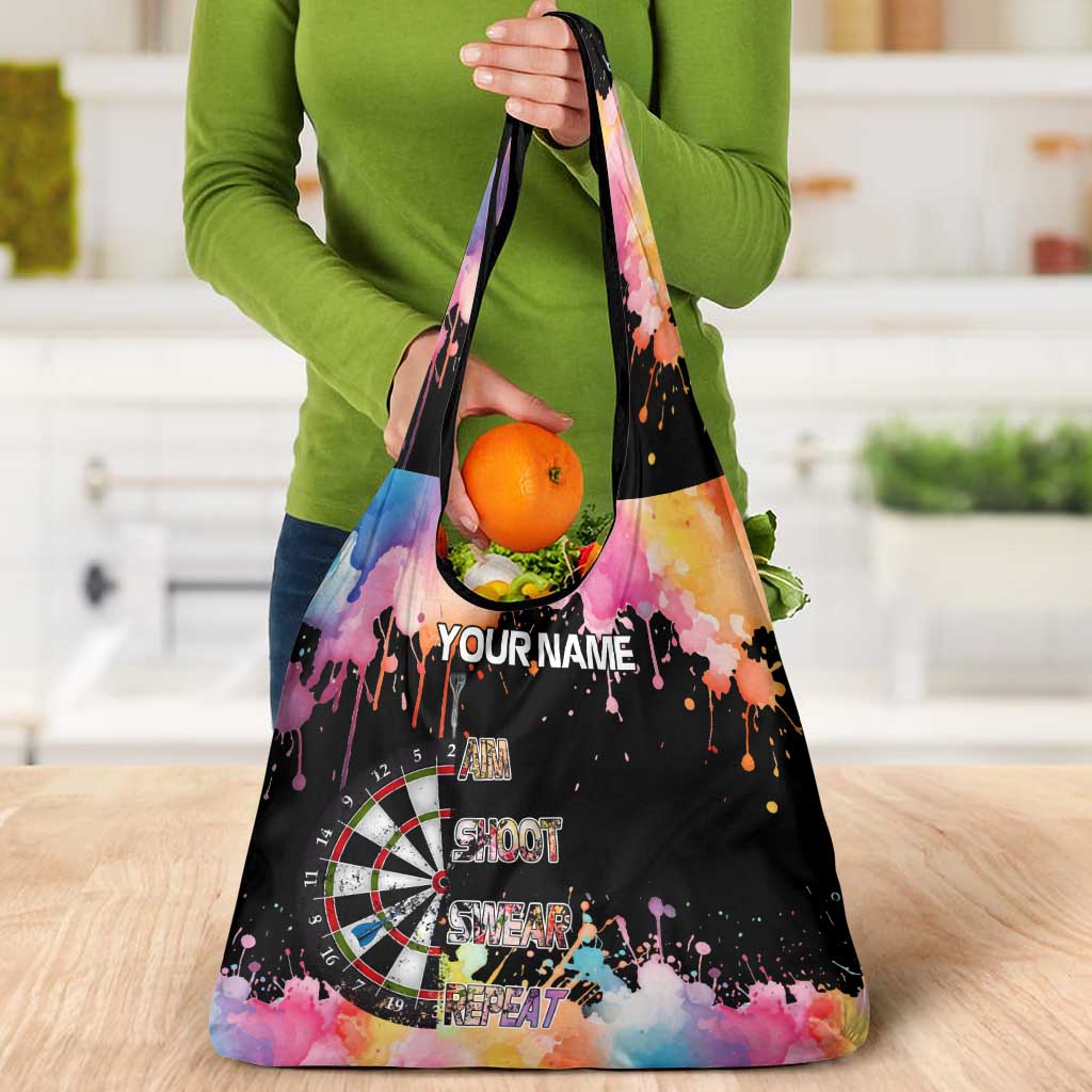 Dartboard and Colorful Paint Splash Darts Grocery Bag with Aim Shoot Swear Repeat Quote Custom Name - Wonder Print Shop