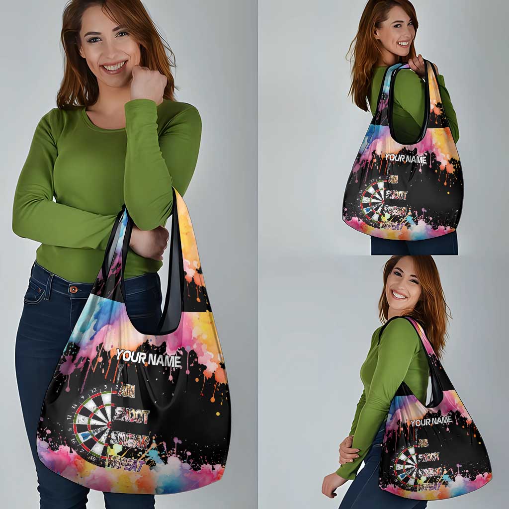 Dartboard and Colorful Paint Splash Darts Grocery Bag with Aim Shoot Swear Repeat Quote Custom Name - Wonder Print Shop