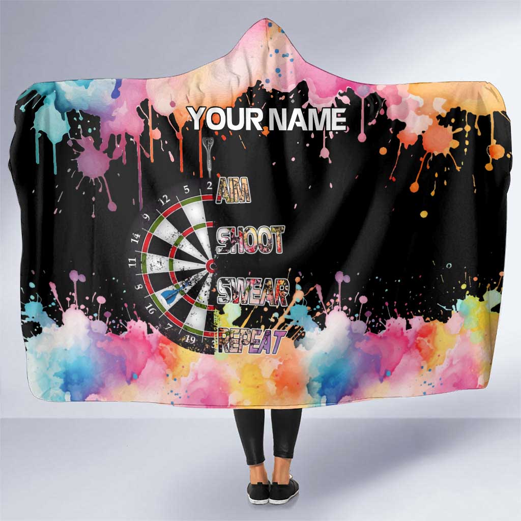 Dartboard and Colorful Paint Splash Darts Hooded Blanket with Aim Shoot Swear Repeat Quote Custom Name - Wonder Print Shop