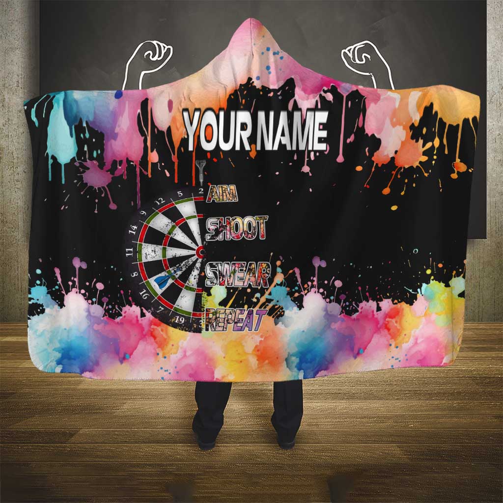 Dartboard and Colorful Paint Splash Darts Hooded Blanket with Aim Shoot Swear Repeat Quote Custom Name - Wonder Print Shop