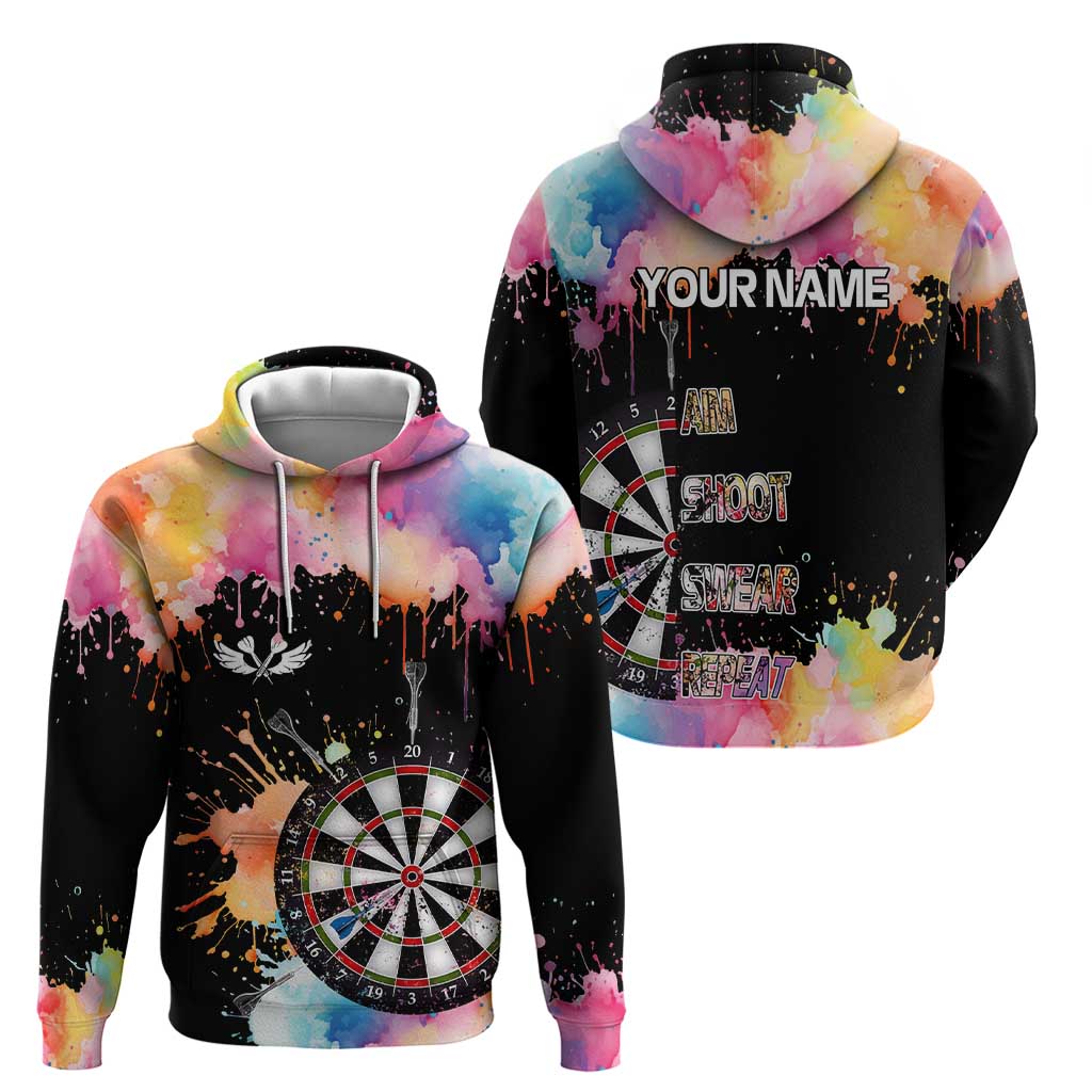 Dartboard and Colorful Paint Splash Darts Hoodie with Aim Shoot Swear Repeat Quote Custom Name TS04