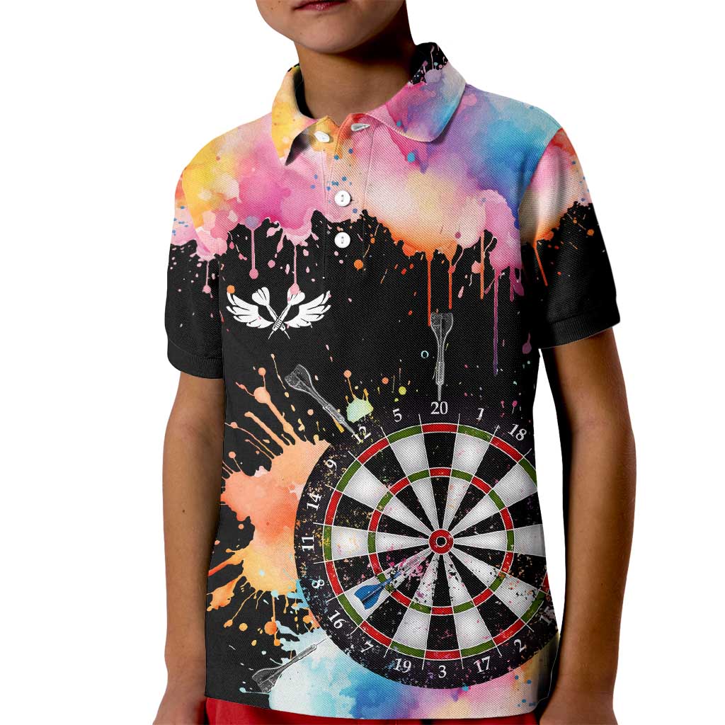 Dartboard and Colorful Paint Splash Darts Kid Polo Shirt with Aim Shoot Swear Repeat Quote Custom Name TS04