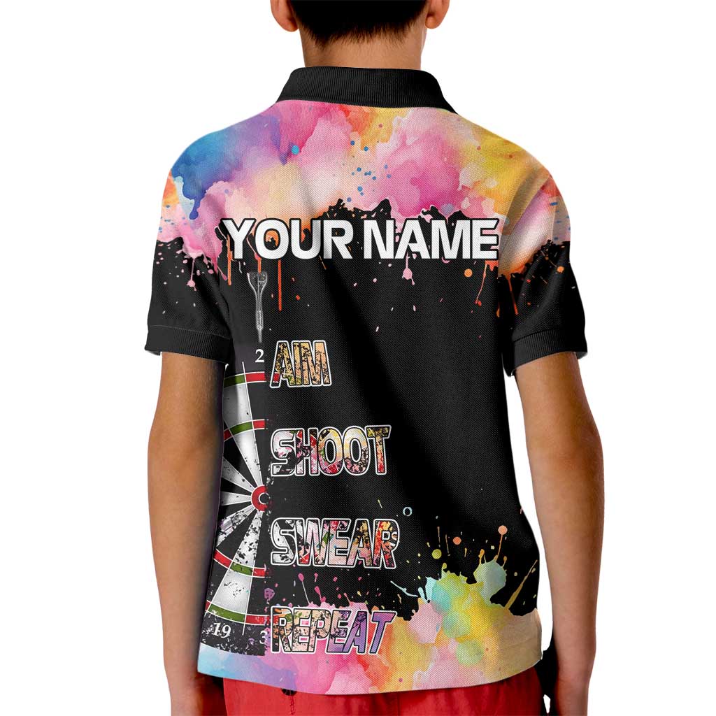 Dartboard and Colorful Paint Splash Darts Kid Polo Shirt with Aim Shoot Swear Repeat Quote Custom Name TS04