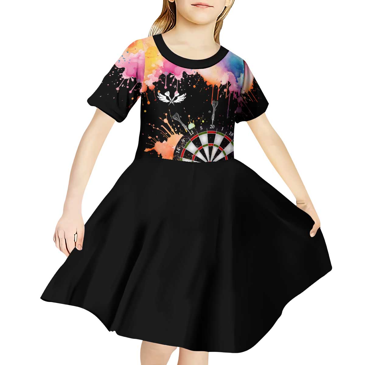Dartboard and Colorful Paint Splash Darts Kid Short Sleeve Dress with Aim Shoot Swear Repeat Quote Custom Name TS04
