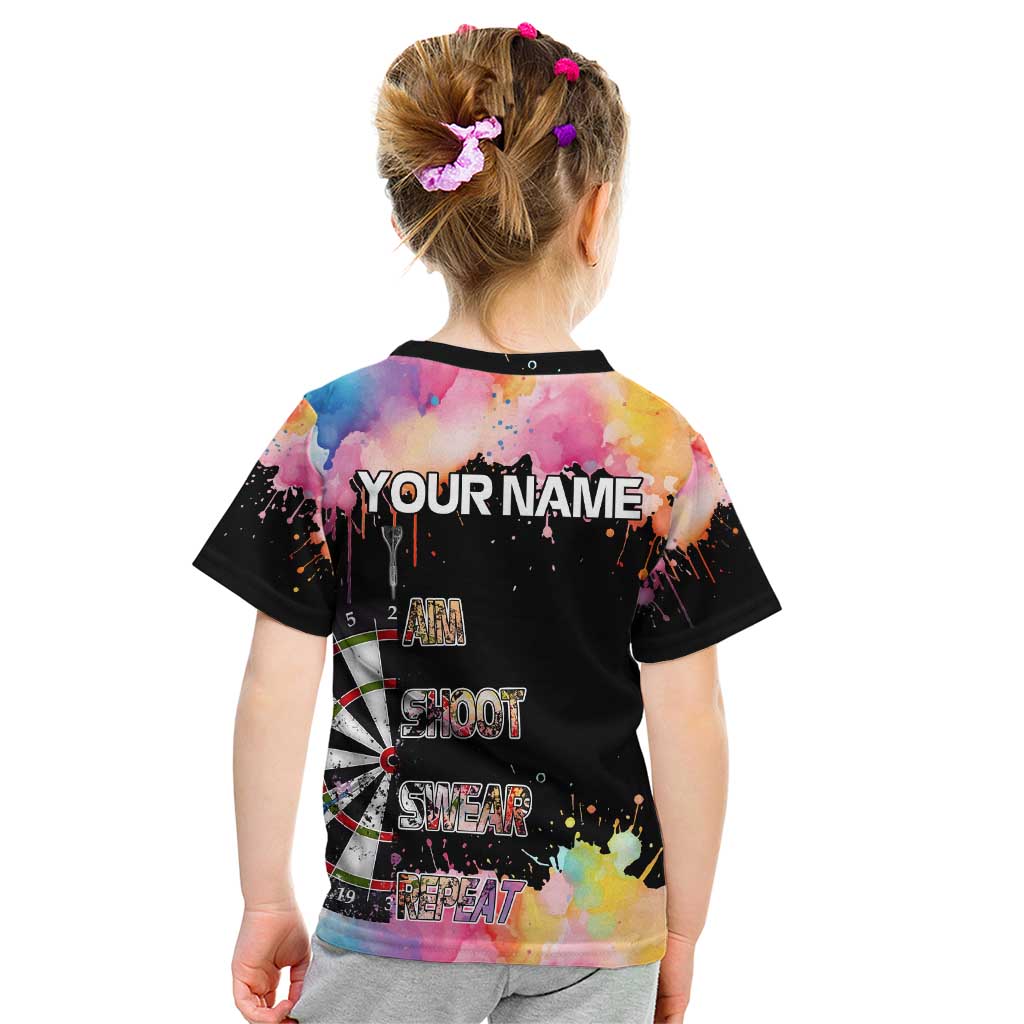 Dartboard and Colorful Paint Splash Darts Kid T Shirt with Aim Shoot Swear Repeat Quote Custom Name TS04