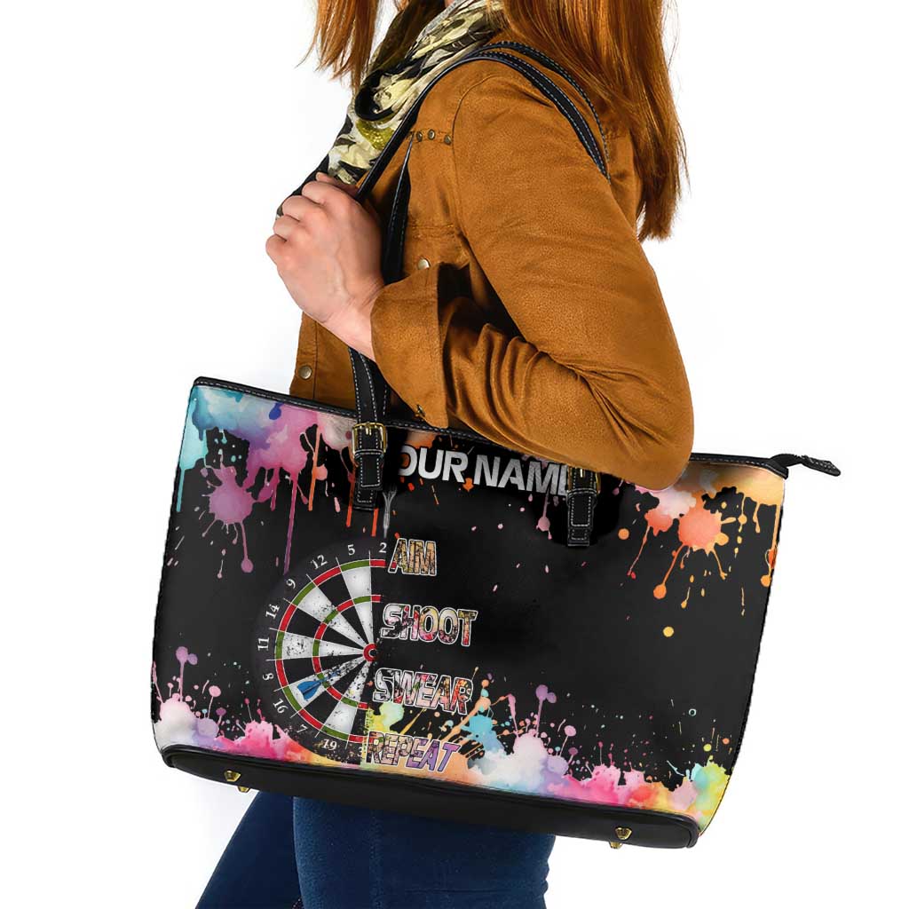 Dartboard and Colorful Paint Splash Darts Leather Tote Bag with Aim Shoot Swear Repeat Quote Custom Name - Wonder Print Shop