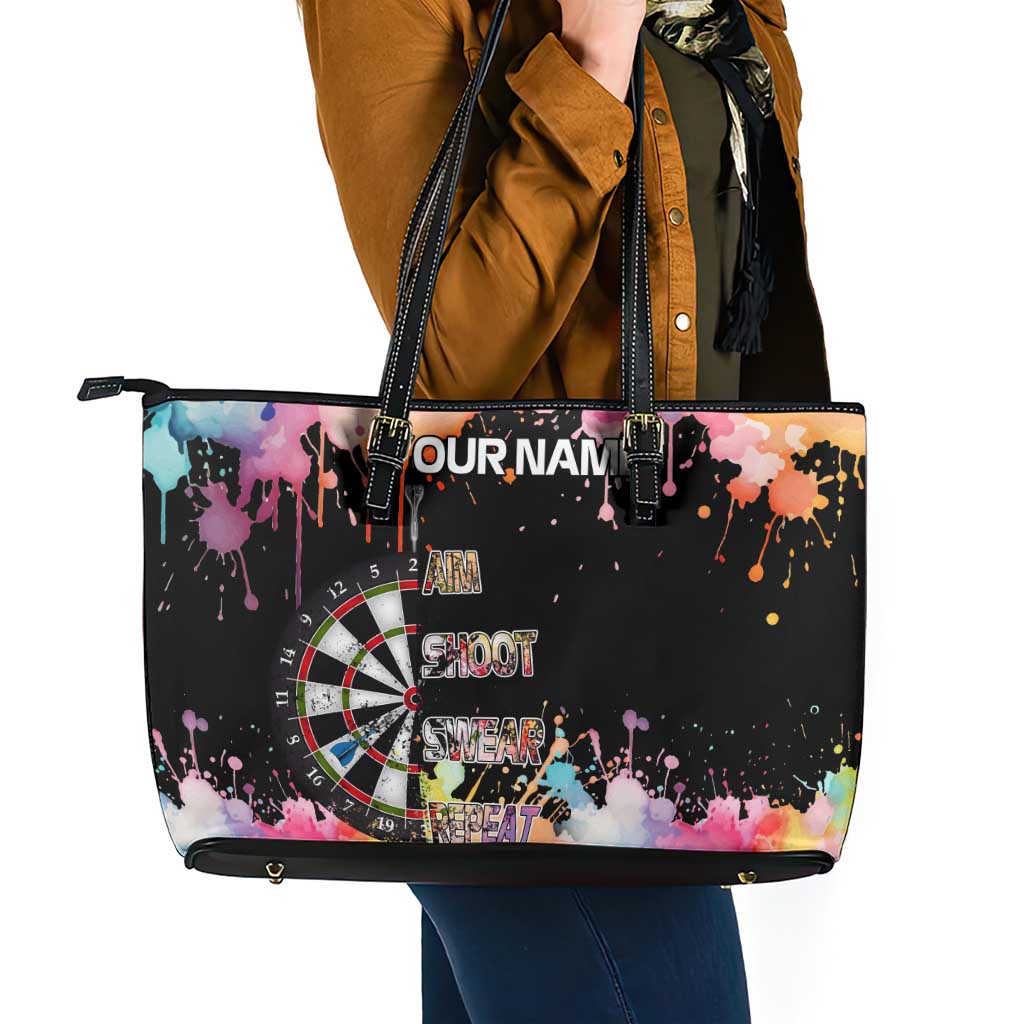 Dartboard and Colorful Paint Splash Darts Leather Tote Bag with Aim Shoot Swear Repeat Quote Custom Name - Wonder Print Shop