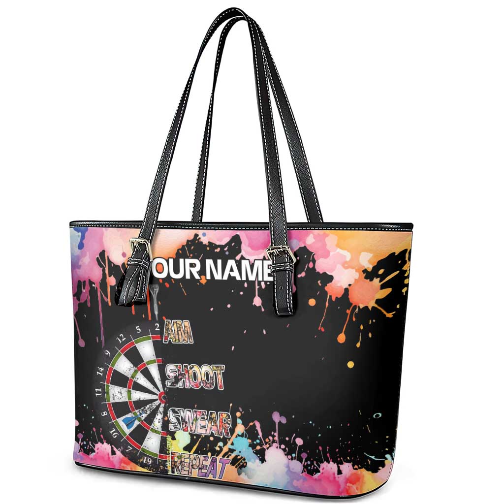 Dartboard and Colorful Paint Splash Darts Leather Tote Bag with Aim Shoot Swear Repeat Quote Custom Name - Wonder Print Shop