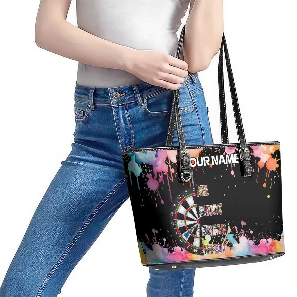Dartboard and Colorful Paint Splash Darts Leather Tote Bag with Aim Shoot Swear Repeat Quote Custom Name - Wonder Print Shop