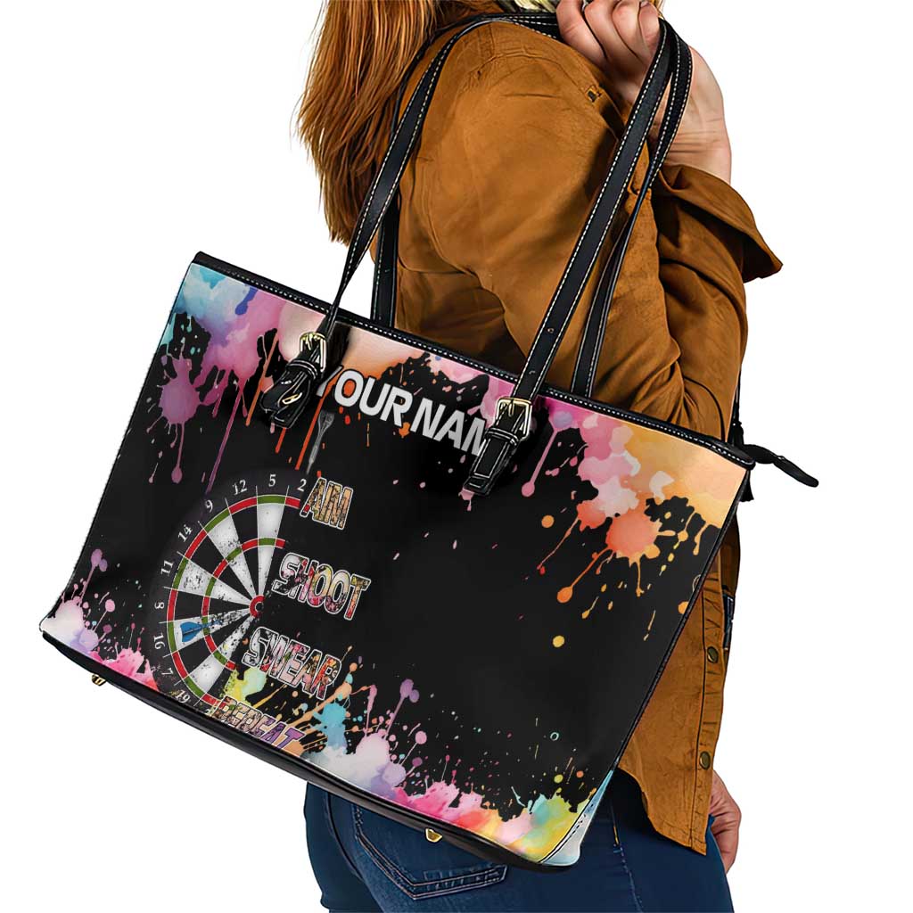 Dartboard and Colorful Paint Splash Darts Leather Tote Bag with Aim Shoot Swear Repeat Quote Custom Name - Wonder Print Shop