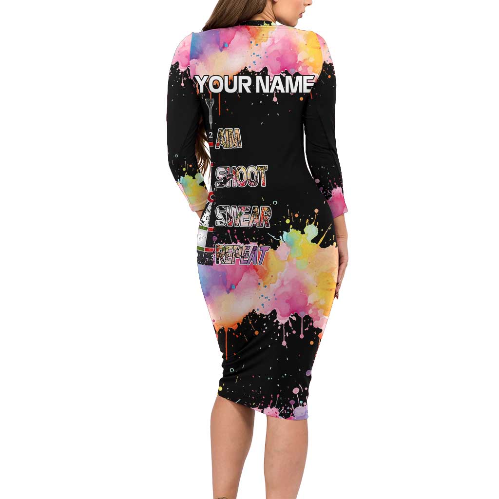 Dartboard and Colorful Paint Splash Darts Long Sleeve Bodycon Dress with Aim Shoot Swear Repeat Quote Custom Name TS04