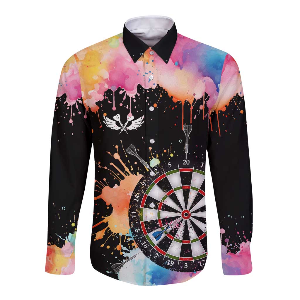 Dartboard and Colorful Paint Splash Darts Long Sleeve Button Shirt with Aim Shoot Swear Repeat Quote Custom Name TS04
