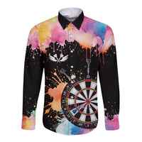 Dartboard and Colorful Paint Splash Darts Long Sleeve Button Shirt with Aim Shoot Swear Repeat Quote Custom Name TS04
