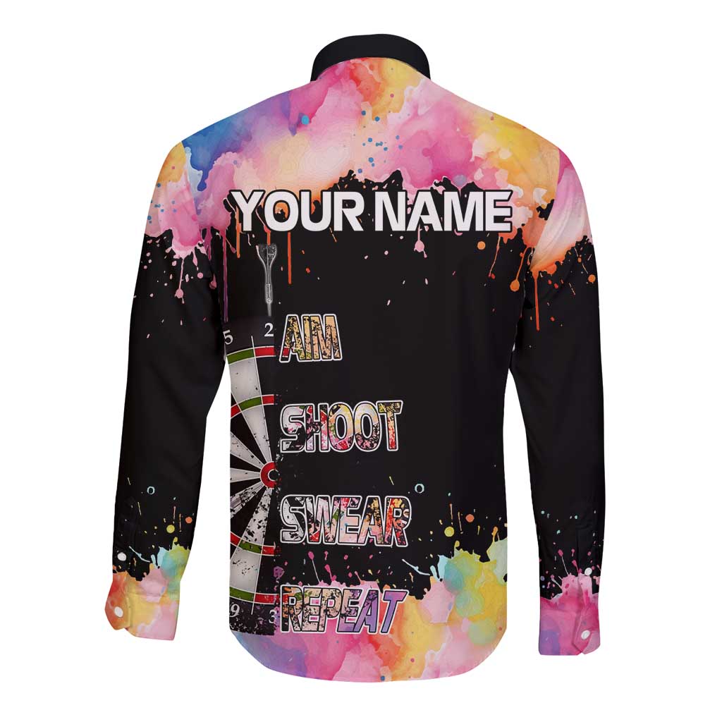 Dartboard and Colorful Paint Splash Darts Long Sleeve Button Shirt with Aim Shoot Swear Repeat Quote Custom Name TS04