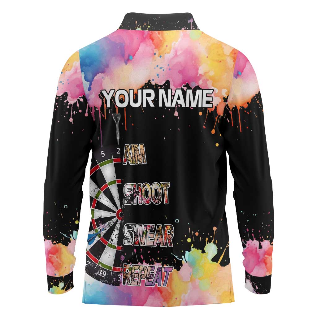 Dartboard and Colorful Paint Splash Darts Long Sleeve Polo Shirt with Aim Shoot Swear Repeat Quote Custom Name TS04