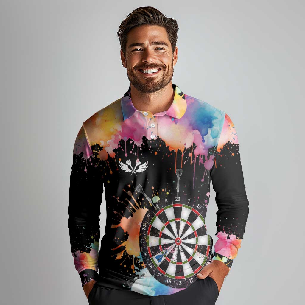 Dartboard and Colorful Paint Splash Darts Long Sleeve Polo Shirt with Aim Shoot Swear Repeat Quote Custom Name TS04
