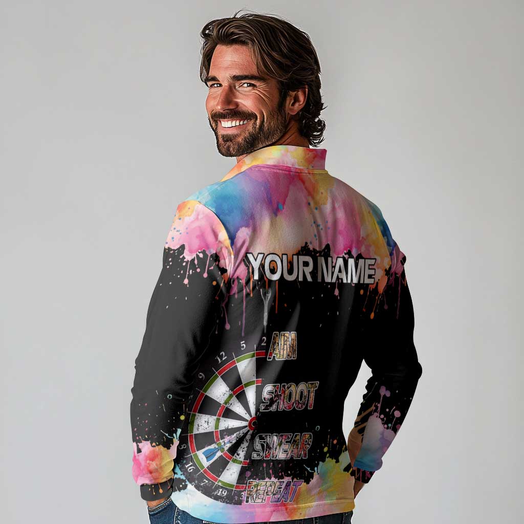 Dartboard and Colorful Paint Splash Darts Long Sleeve Polo Shirt with Aim Shoot Swear Repeat Quote Custom Name TS04