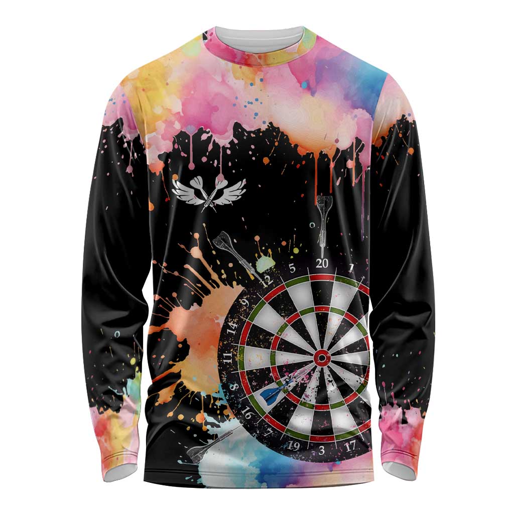 Dartboard and Colorful Paint Splash Darts Long Sleeve Shirt with Aim Shoot Swear Repeat Quote Custom Name TS04