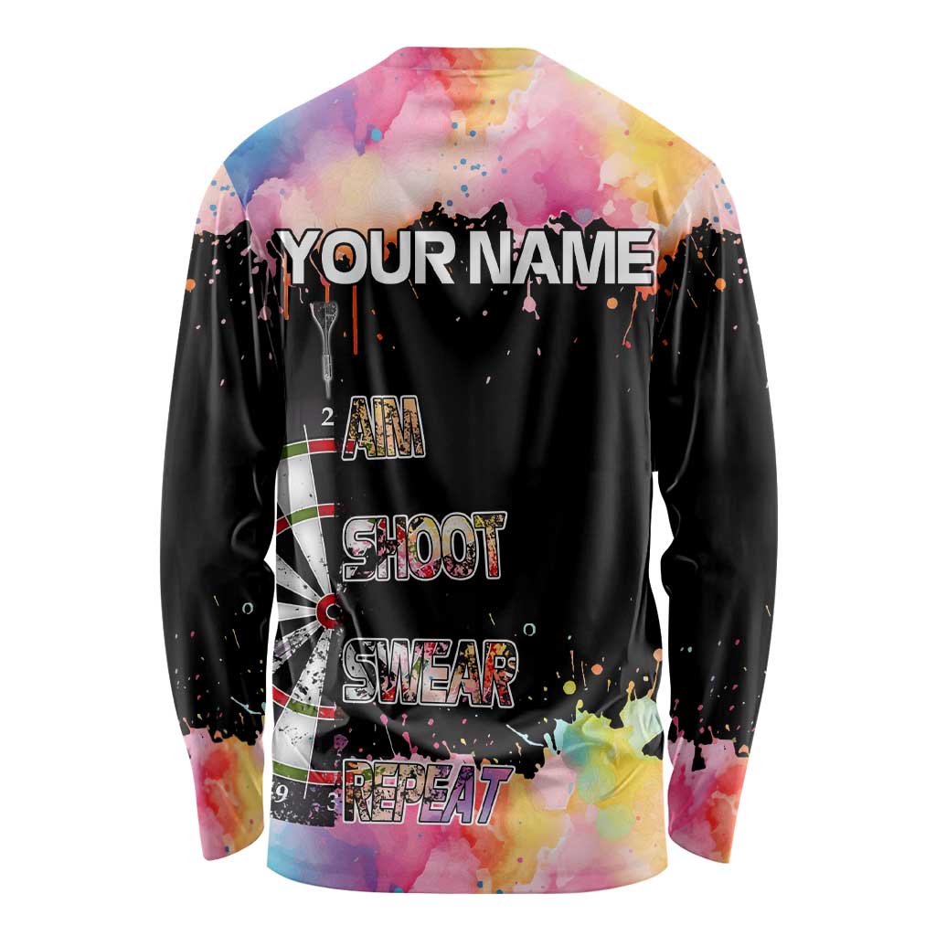 Dartboard and Colorful Paint Splash Darts Long Sleeve Shirt with Aim Shoot Swear Repeat Quote Custom Name TS04