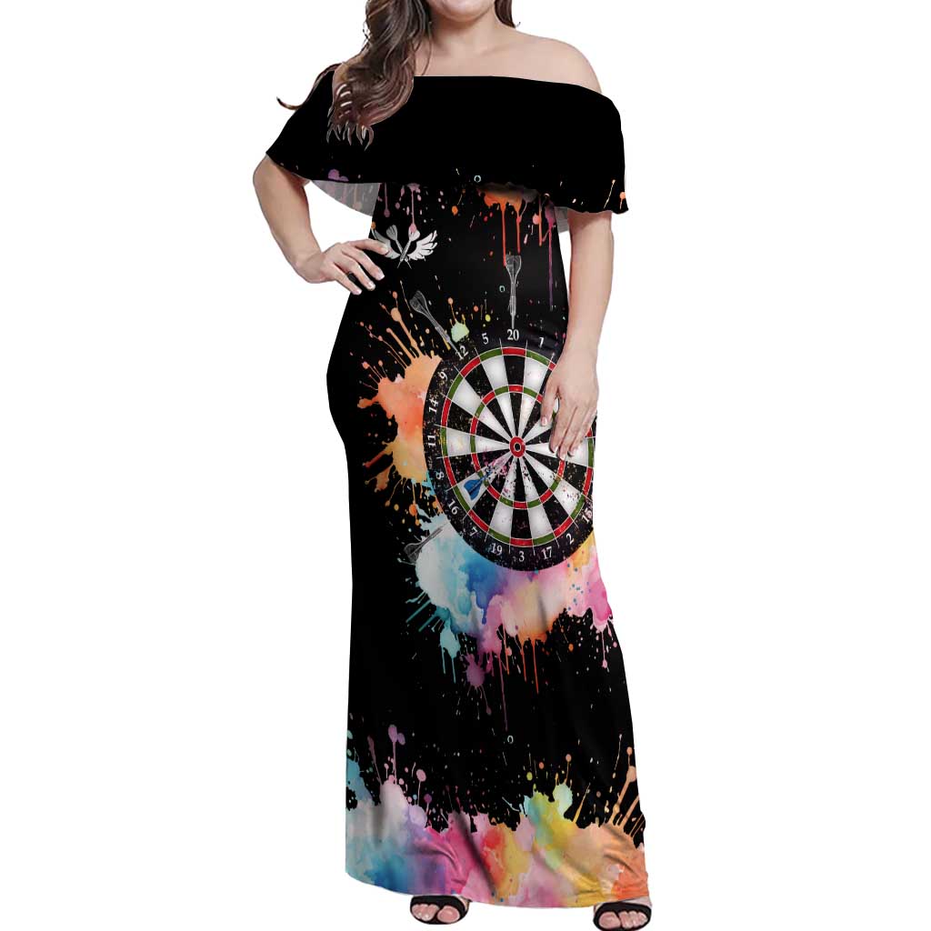 Dartboard and Colorful Paint Splash Darts Off Shoulder Maxi Dress with Aim Shoot Swear Repeat Quote Custom Name TS04