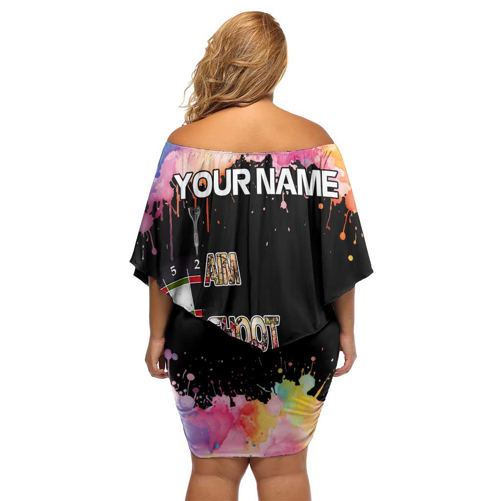Dartboard and Colorful Paint Splash Darts Off Shoulder Short Dress with Aim Shoot Swear Repeat Quote Custom Name TS04