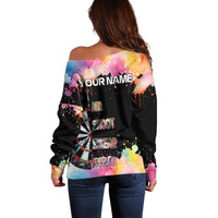Dartboard and Colorful Paint Splash Darts Off Shoulder Sweater with Aim Shoot Swear Repeat Quote Custom Name TS04